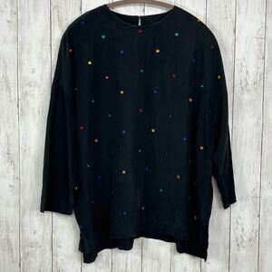 Vintage Black Silk 3/4 Sleeve Rainbow Polka Dot Stones Blouse Shirt  Medium